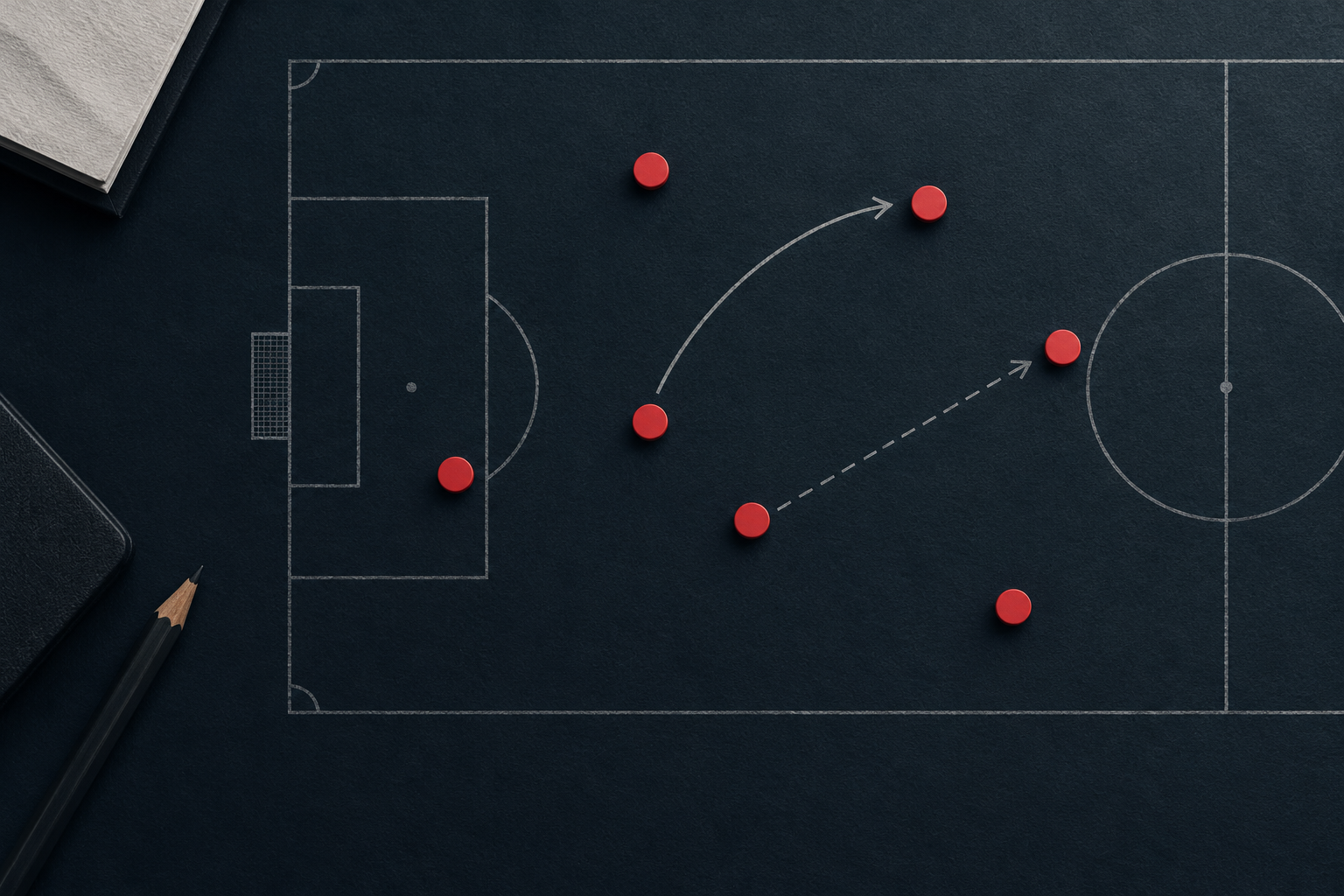 Pizarra táctica con recorridos y marcadores rojos sobre un campo de fútbol